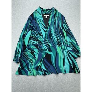 Dressbarn Jacket Womens 2X Blue Green Abstract Print‎ Open Front Lined Stretchy